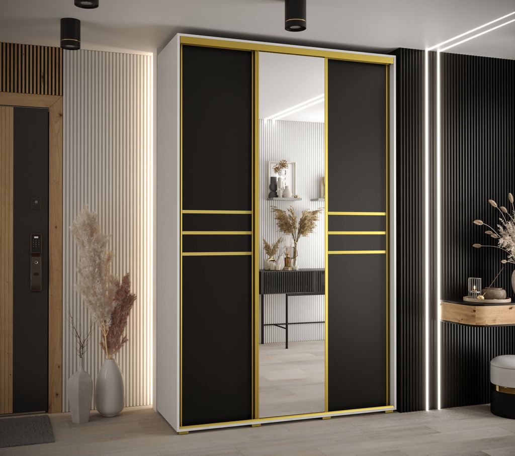 Kleiderschrank YVONA 11 - 160/45 cm, weiß/schwarz/gold