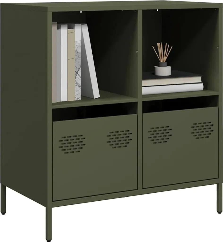 Petit Buffet de Rangement Vert Olive en Métal pour Salon et Bureau