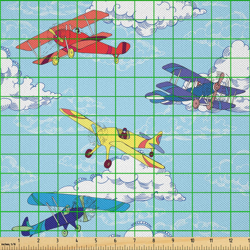 ABAKUHAUS Weinlese-Flugzeug Satin Stoff als Meterware, Buntes Skizzen-Art-Propeller-Flugzeug-Ferien-Transport-Thema, 10 M (148 x 1000 cm), Mehrfarbig