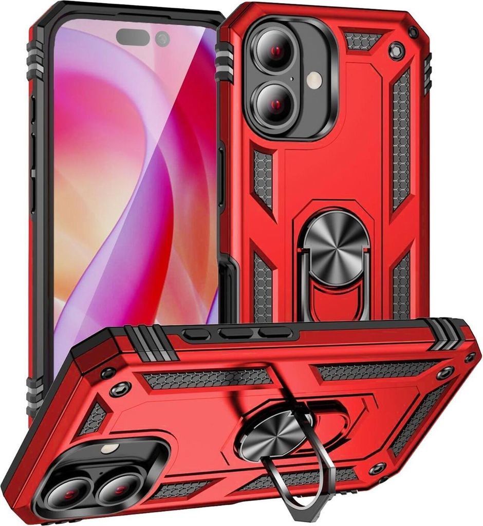 Conie Outdoor Schutzhülle für iPhone 16 Plus Tasche Silikon Hard Case Cover Hülle mit Halter Ständer in Rot