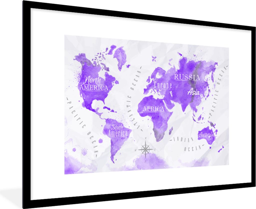 MuchoWow MuchoWow Gerahmtes Poster Weltkarte - Ölfarbe - Violett 90x60 cm - Poster mit zchwarzem Bilderrahmen - Wanddekoration - Fotos