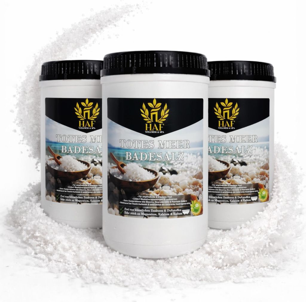 HAF – Totes Meer Badesalz (3 x 1 kg Dose) – Naturreines Meersalz aus Jordanien. Für trockene Haut & Gesicht | Für guten Schlaf & zur Körperp...