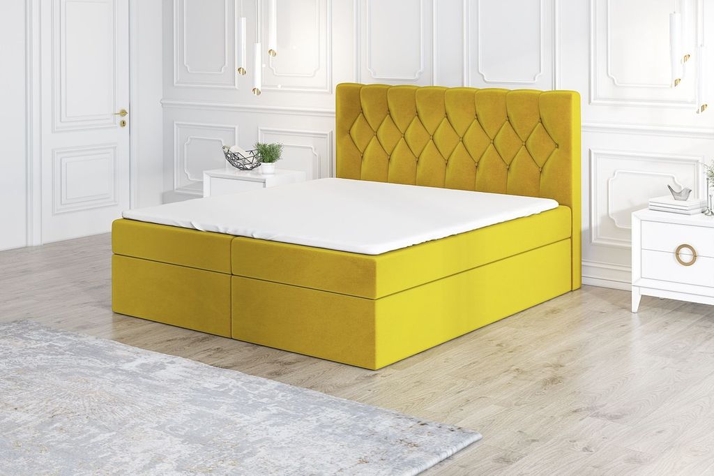 Boxspringbett EIRIK 200 x 200 mit 2 Bettkästen, Bonell-Matratze und Topper. Farbe: Gold