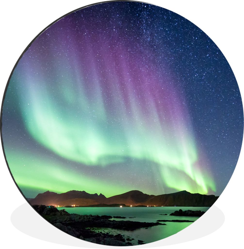 MuchoWow Aluminium Wandkreis Nordlicht - Grün - Lila - Sternenhimmel - See - Berg Ø 90 cm Wanddeko Modern Wohnzimmer - Mauerkreis - Wandbilder ...