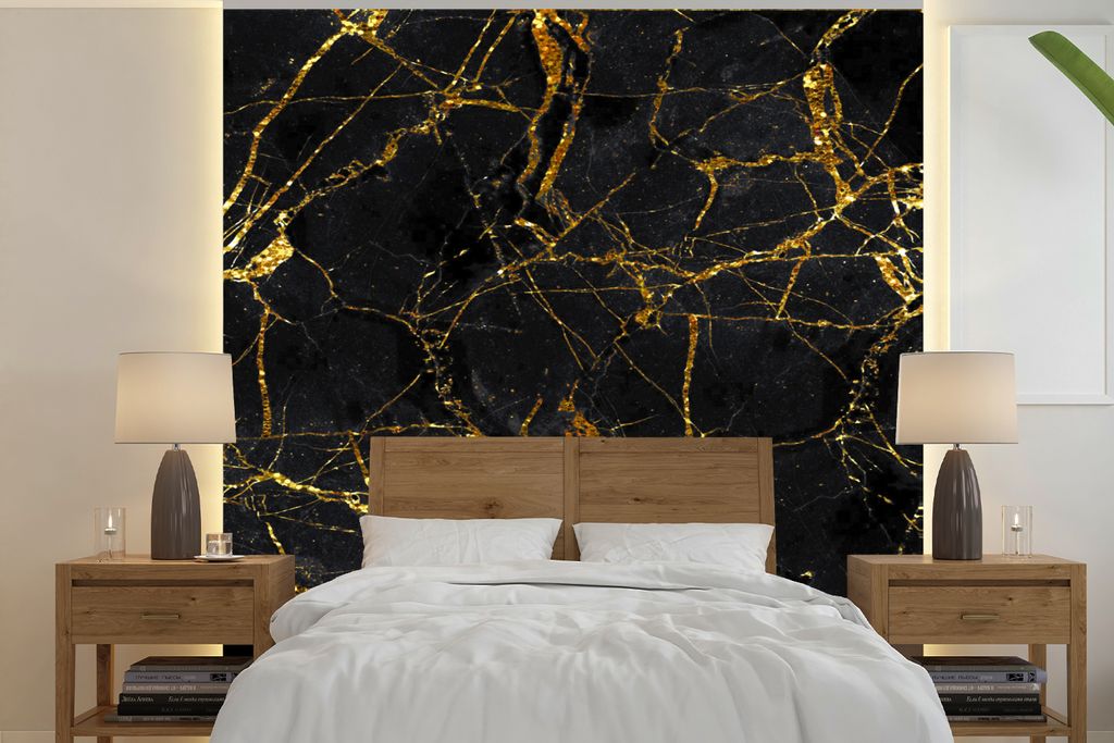 MuchoWow Fototapete für Wohnzimmer oder Schlafzimmer Wandtapete Vinyl Motivtapete Marmor - Gold - Schwarz - Glitter - 300x300 cm - Wanddekoration