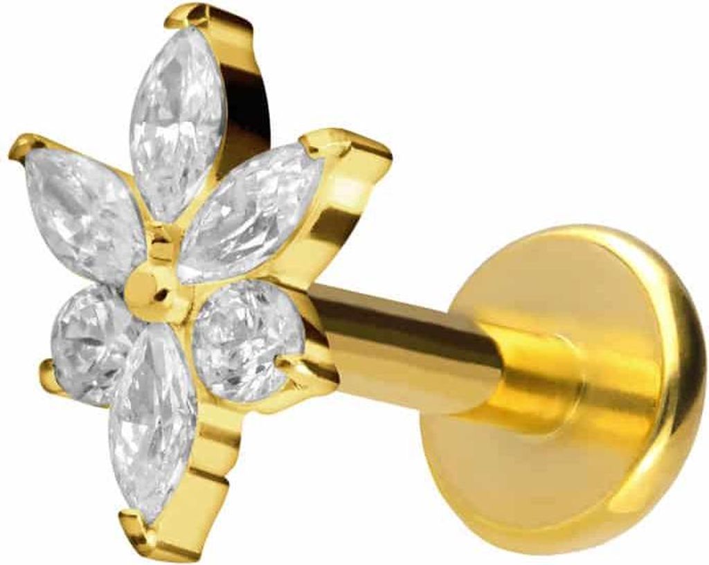 Ohrpiercing, Nasenpiercing Titan Labret mit Push Fit KRISTALLBLUME Gold Stablänge: 9mm | Stabstärke: 1,2mm