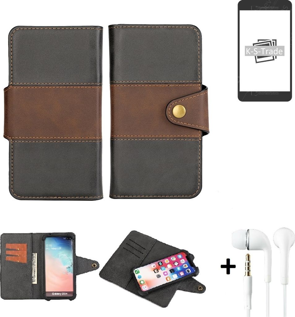 K-S-Trade Handyhülle Schutzhülle Bookstyle Wallet-Case kompatibel mit Samsung Galaxy S22+ + earphones Bumper rundumschutz schwarz-braun 1x