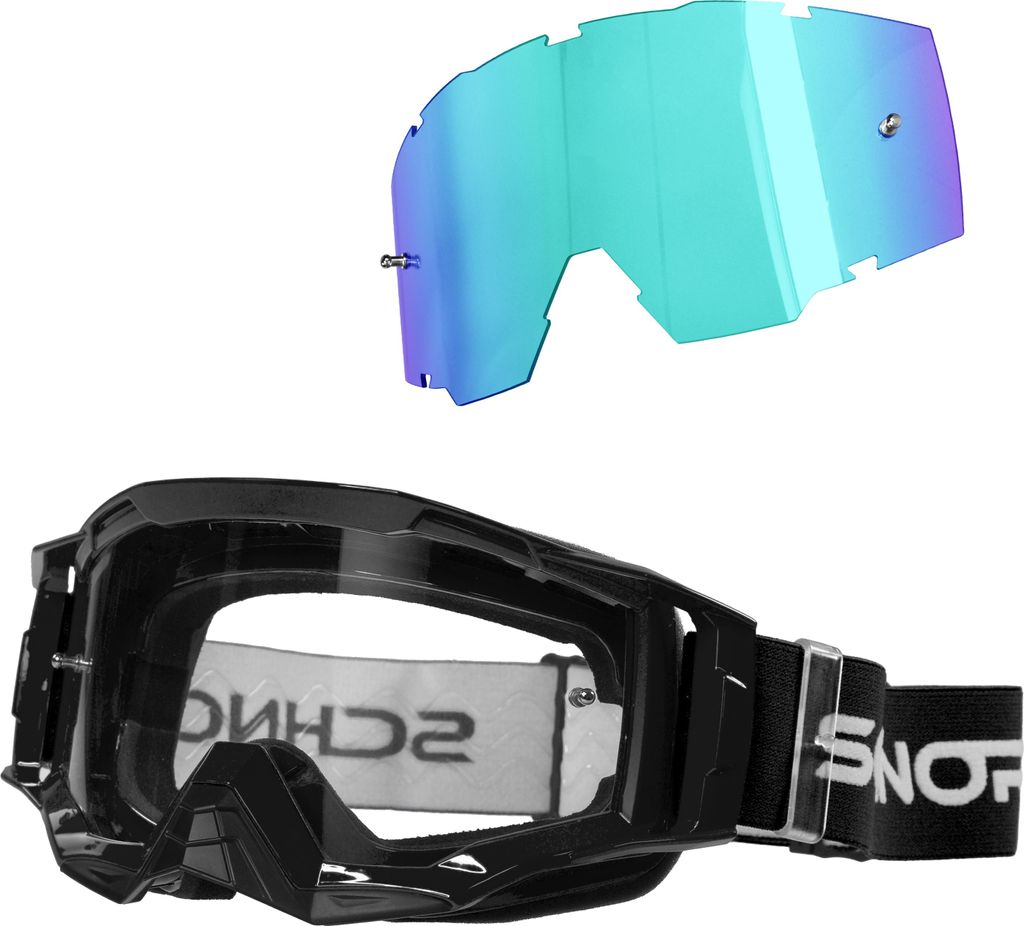 Schnorr MX Neo Schwarz - Motocross Brille | Transparentes Glas (S0), Anti-Fog, Tear-Off mit Wechselglas verspiegelt Blau