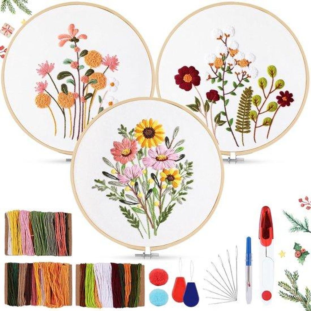 Borduurringset für Anfänger mit Blumenmuster und Pflanzen, 2 Bambus-Ring-Set, Anleitung und Werkzeug, Kreuzstich-Set für DIY-Kunst, Kunsthandwerk