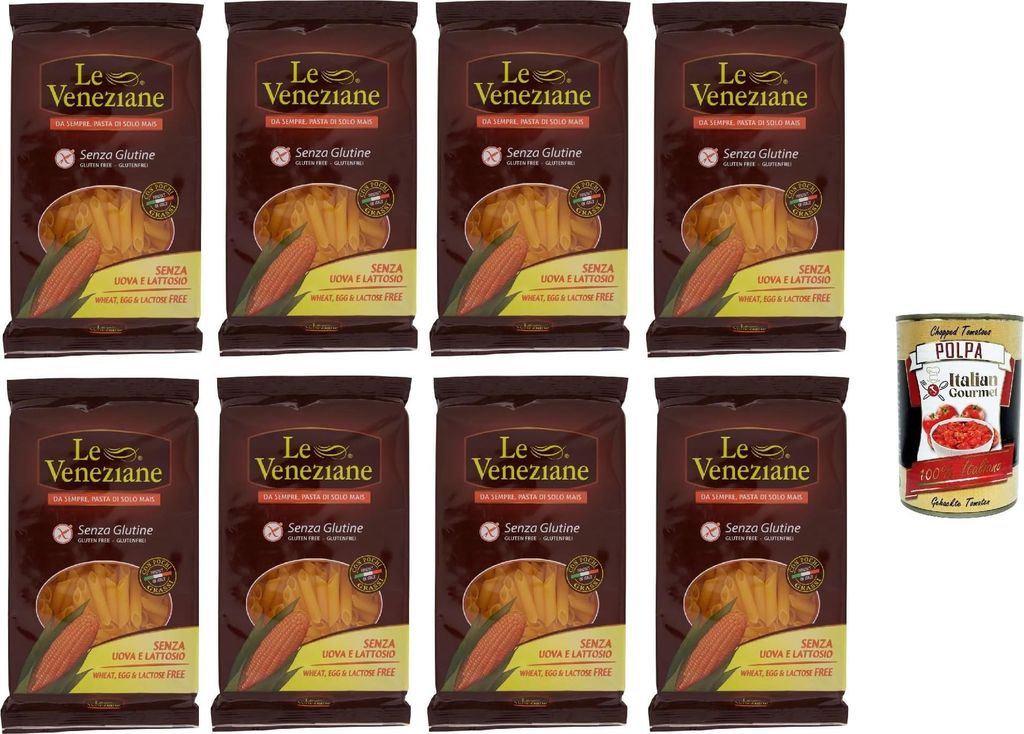 Italian Gourmet bundle für glutenfreie Pasta-Fans – Le Veneziane Mais Penne ohne Weizen, Ei & Laktose 8x250g, italienische Maisnudeln + Italian ...