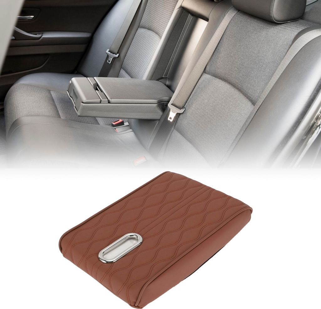Auto-Armlehnenpolster mit Taschenbox 12,2"x7,87" Mittelkonsole-Abdeckung Armlehnen-Sitzbox-Abdeckung Kunstleder Braun Wasserwellenmuster