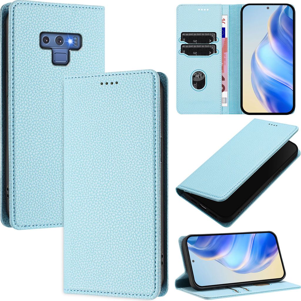 Litchi Leder Handyhülle für Samsung Galaxy Note 9 Wallet Kartenfächer Standfunktion Hülle Hellblau