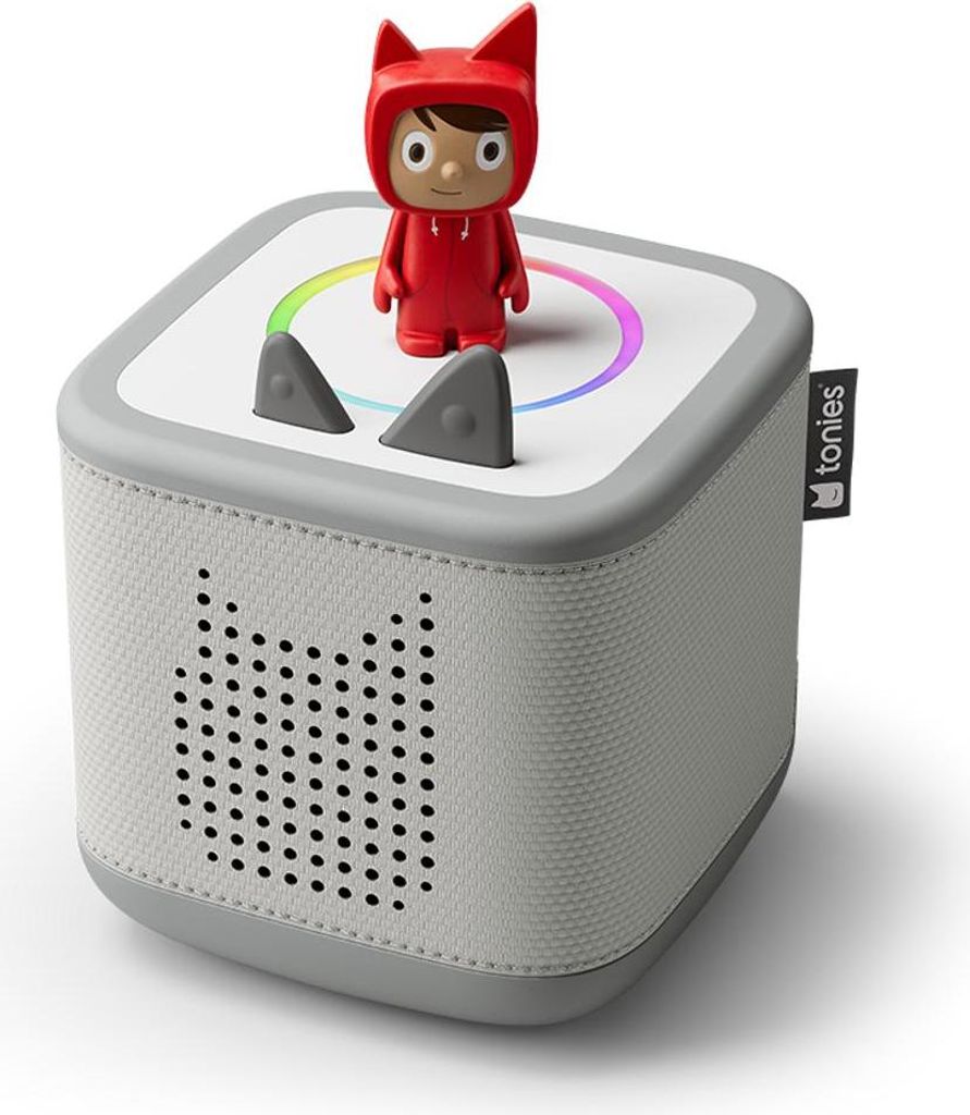 A Tonies Toniebox starter set with a red Kreativ-Tonie figure on top.