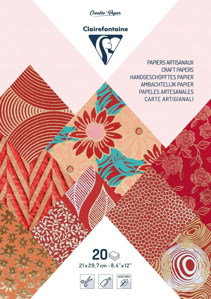 Clairefontaine 3x Papiere aus aller Welt, Block geleimt A4, 20 Blatt Rot 95090C