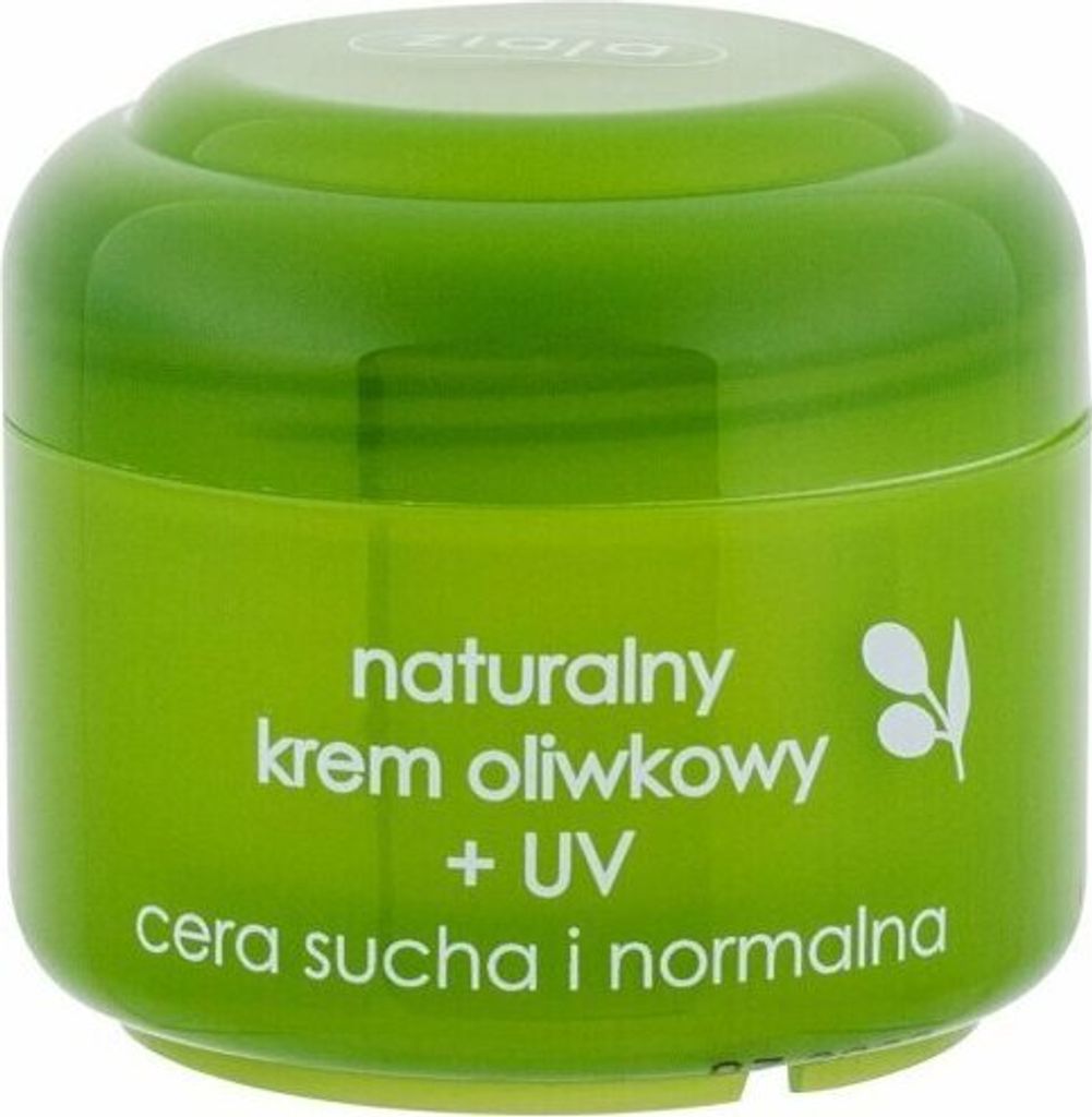 A green jar of Ziaja Oliwka cream with UV protection for dry and normal skin.