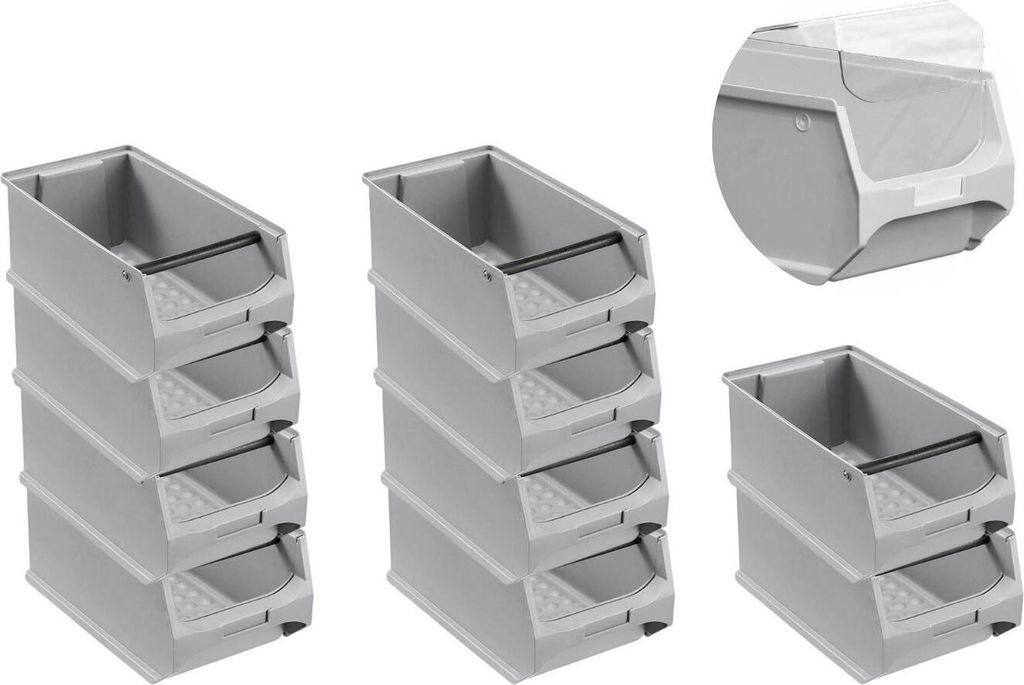 SparSet 10x Graue Sichtlagerbox 4.1 mit Griffstange & Abdeckung | HxBxT 15x20x35cm | 7,2 Liter | Sichtlagerbehälter, Sichtlagerkasten, Sichtlagerk...