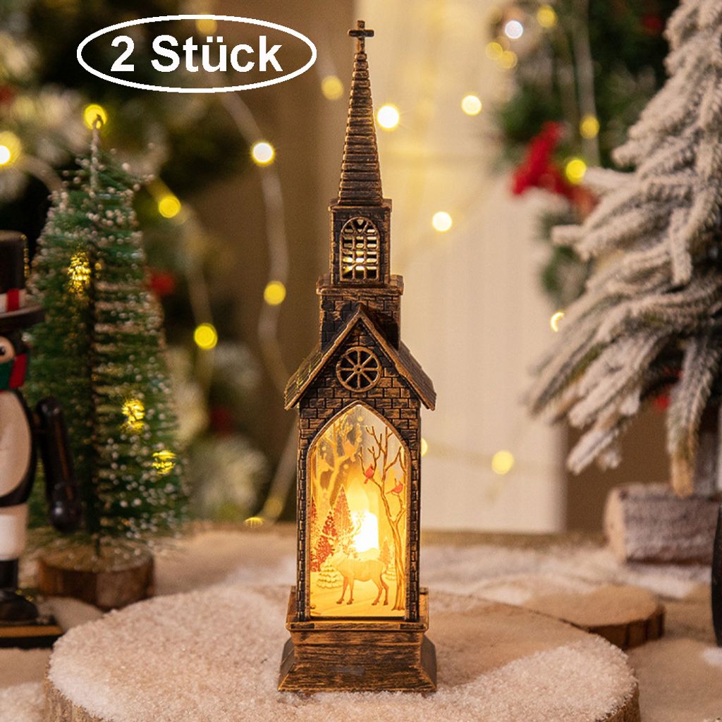 2 Stück Weihnachtsdekoration mit Beleuchtung Batteriebetrieben Kirche,LED Tischlampe Nachtlicht Weihnachtsbeleuchtung Heimdekoration(Rentier)
