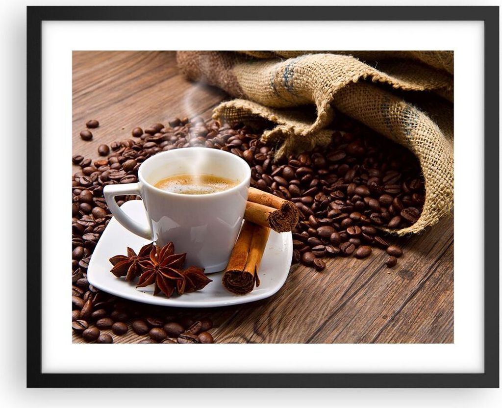 Gerahmtes Poster - Schwarzer Rahmen - Kaffee schwarz Frühstück Schokolade - 50x40 cm - Wand Bild - Wanddeko - Wandbilder - Wandposter - Bilderrah...