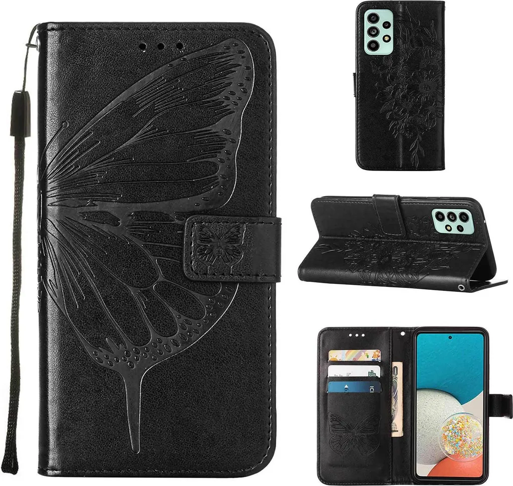 Cover Samsung A53 5G Farfalla Goffrata | Custodia Pelle Nera Elegante