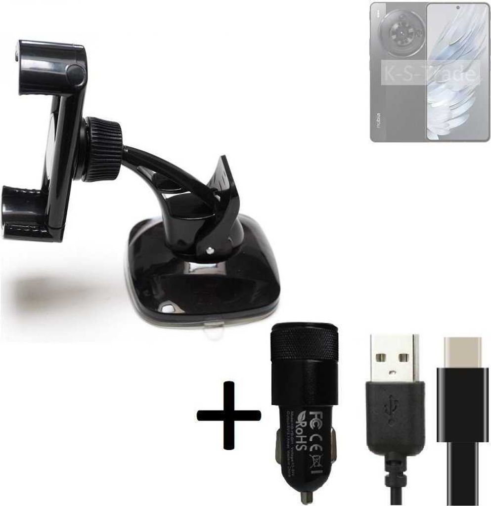 K-S-Trade Handy-Halterung kompatibel mit Nubia Z 50S Pro Windschutzscheibe / Armaturenbrett + LADEGERÄT mit Mico USB Kabel Autohalterung