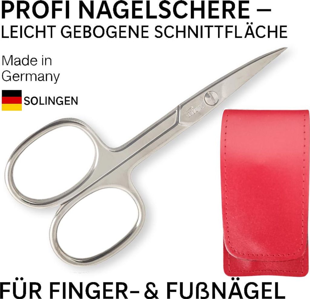 Solingen Nagelschere gehärteter Stahl Extra scharf mit gebogener Schneide Echt-Leder Etui Rot