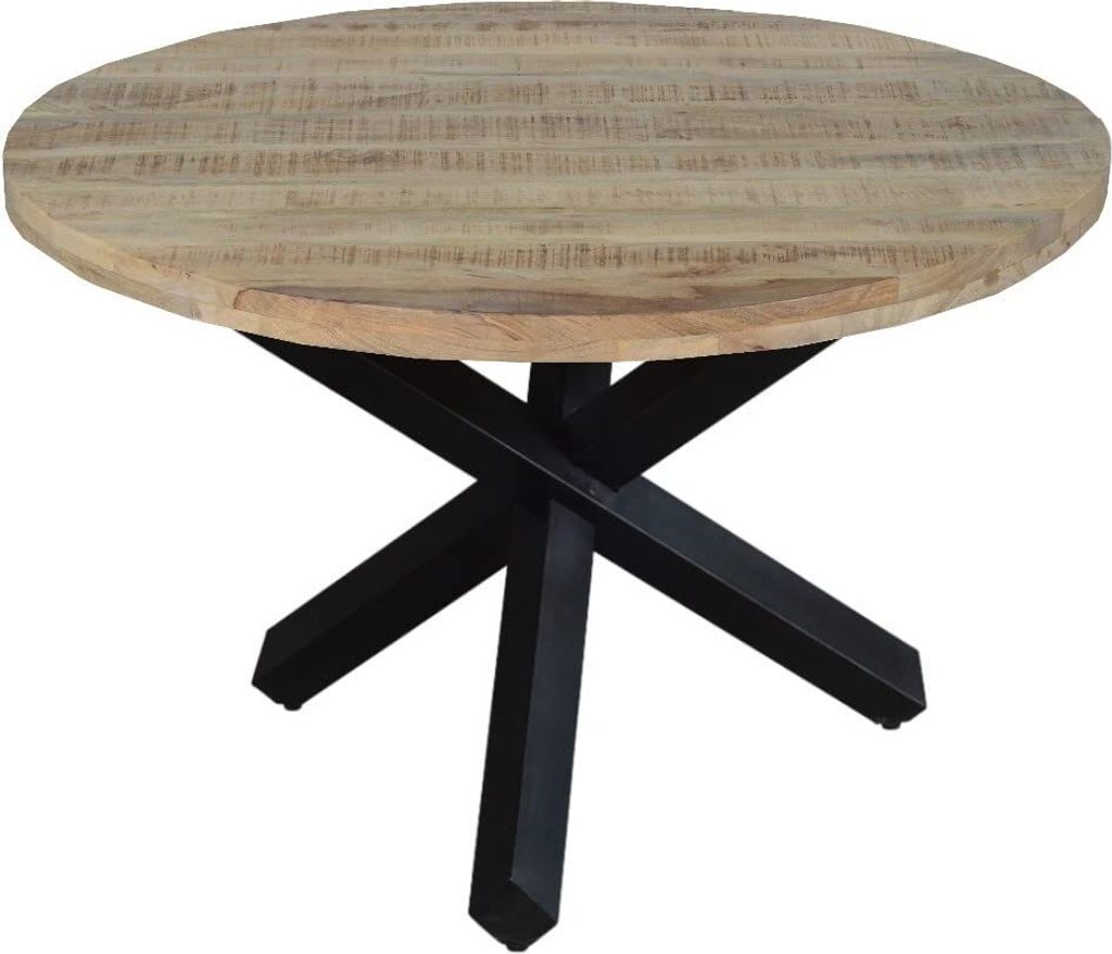Runder Esszimmertisch 130 cm Runis, Mangoholz massiv & naturfarben, Esstisch im Used-Look, schwarzer Metallfuß in Sternform, aufgedoppelte Tischpl...