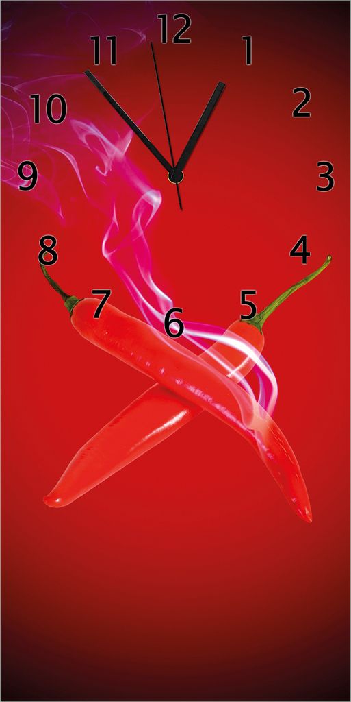 Wallario Design Wanduhr Rauchende Chili-Schoten im Duo vor rotem Hintergrund aus Echtglas, Größe 30 x 60 cm
