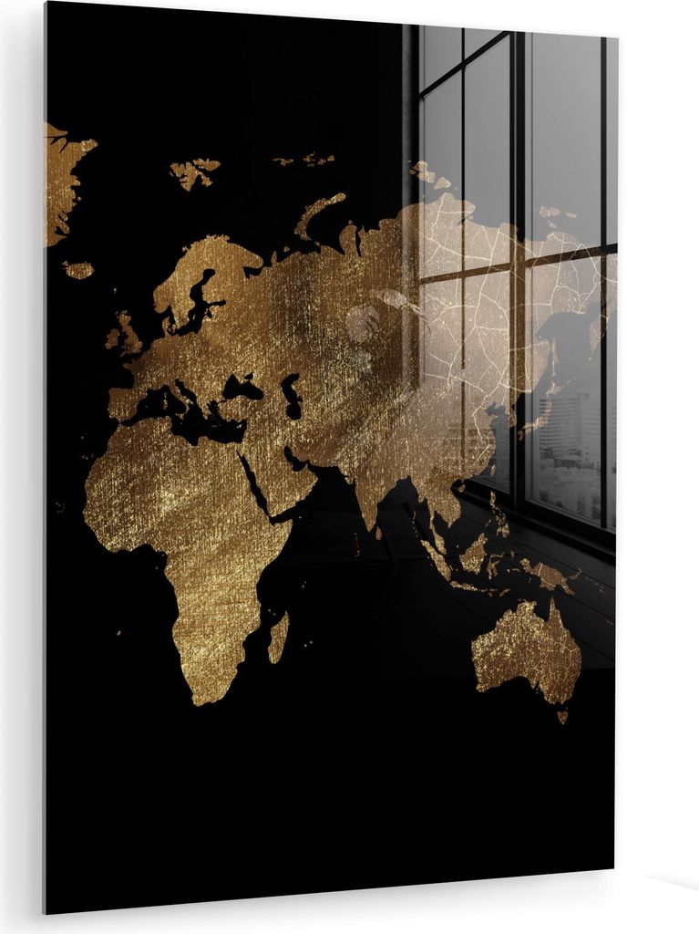 MuchoWow Glasbilder - Bilder auf Wandbild - Foto auf Glas Weltkarte - Gold - Luxus - Erde - Schwarz 60x80 cm Wanddekoration aus Glas - Acrylglasbil...