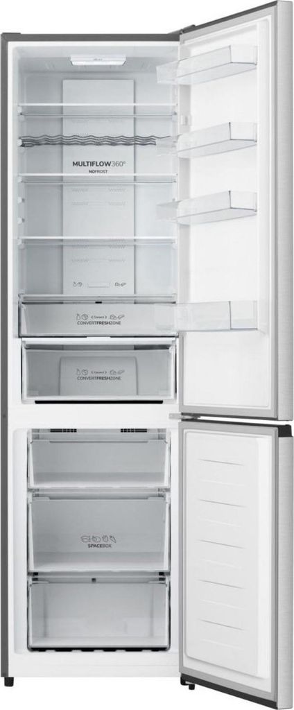 An open refrigerator with empty shelves and drawers.