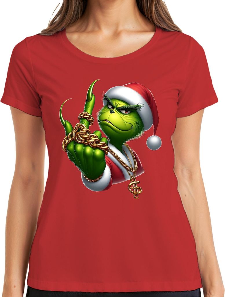 Grinch Santa frech Goldkette Weihnachten Geschenk sarkastisch Damen T-Shirt, Rot, S