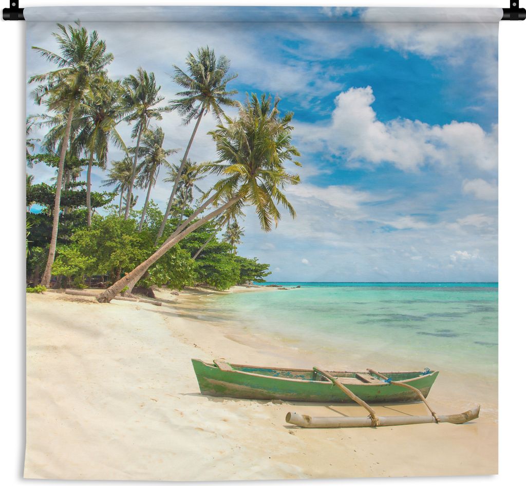 MuchoWow Wandteppich Wandbehang Strand - Kanu - Palme - Tropisch 90x90 cm Tapisserie Dekoration Wandtuch - Wandaufhänger