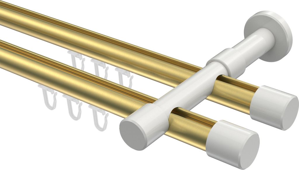 Interdeco Innenlaufstange / Gardinenstange mit Innenlauf Messing-Optik / Weiß, Typ Prestige Santo (Kappe), 20 mm Ø 2-läufig, 320 cm