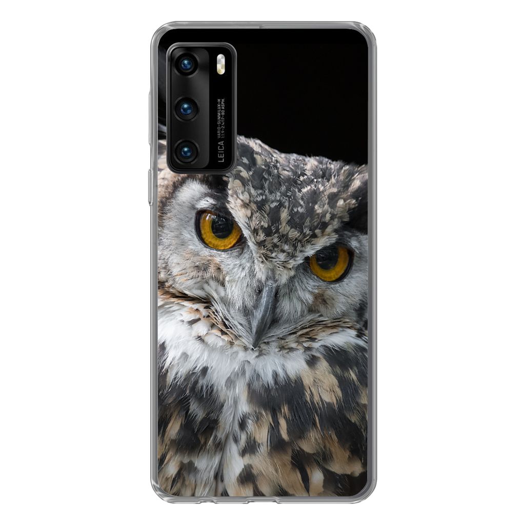 MuchoWow Handyhülle Schutzhülle Hülle für Huawei P40 Porträt einer braunen Eule auf schwarzem Hintergrund Silikon Softcase Handy Hülle - Ha...