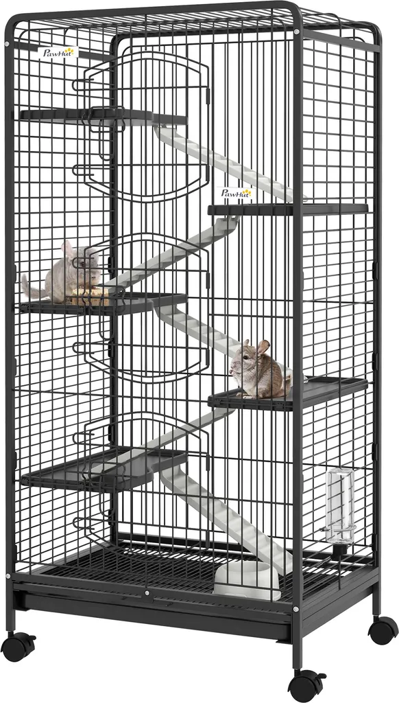 Cage pour rongeurs facile à nettoyer avec bac amovible et roulettes