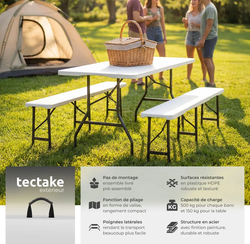 Mobilier de camping pliable blanc : table valise et assises intégrées - 2