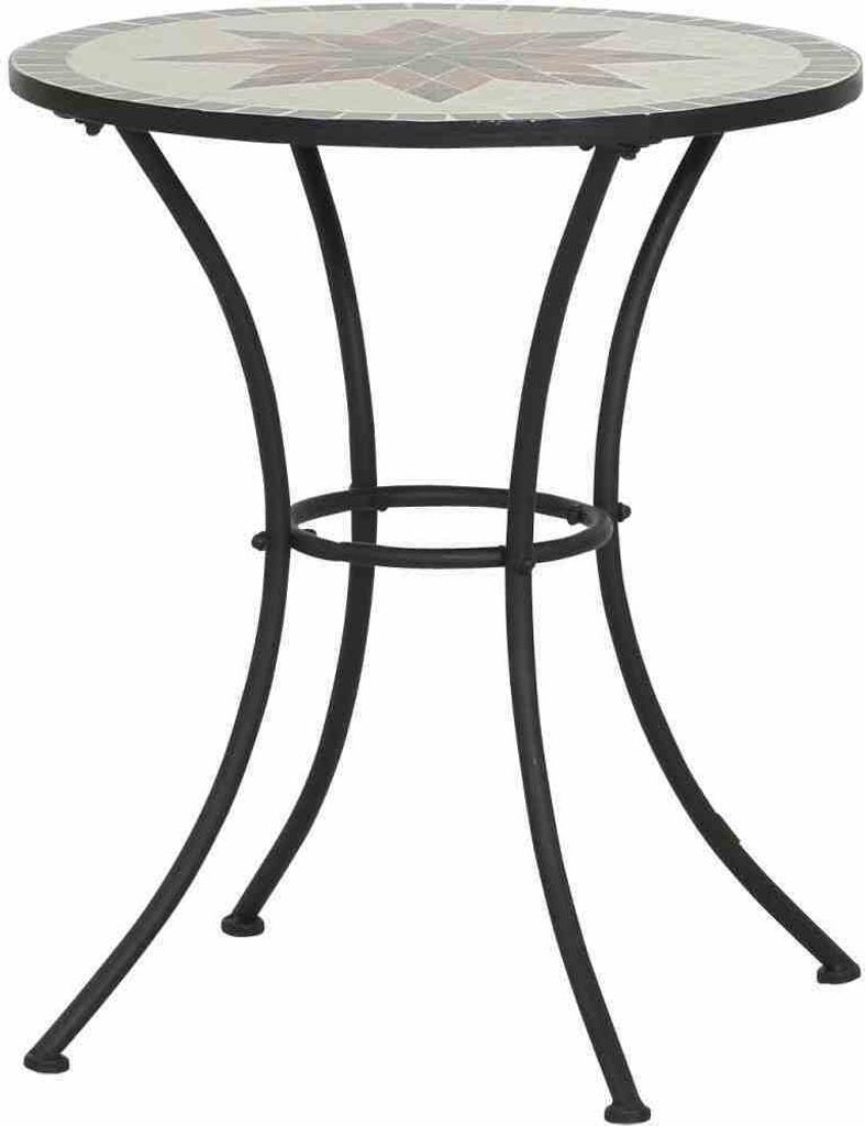 A round mosaic table with a star pattern on top and four black metal legs.