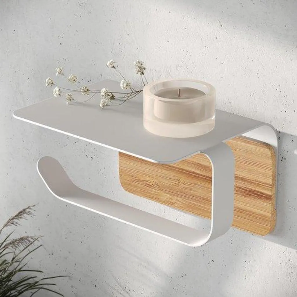 Support papier toilette anti-rouille inox blanc et tablette bambou