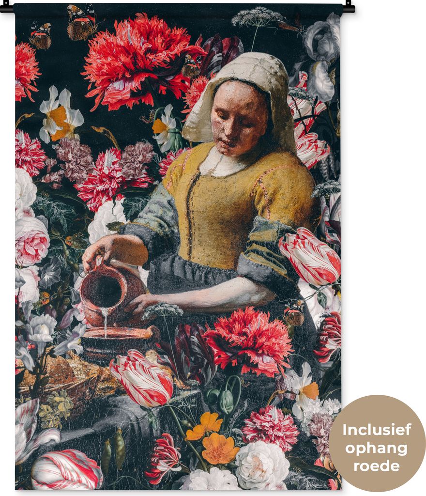 MuchoWow Wandteppich Wandbehang Milchmädchen - Johannes Vermeer - Blumen - Rosa 90x135 cm Tapisserie Dekoration Wandtuch - Baumwolle - Wandskulptur