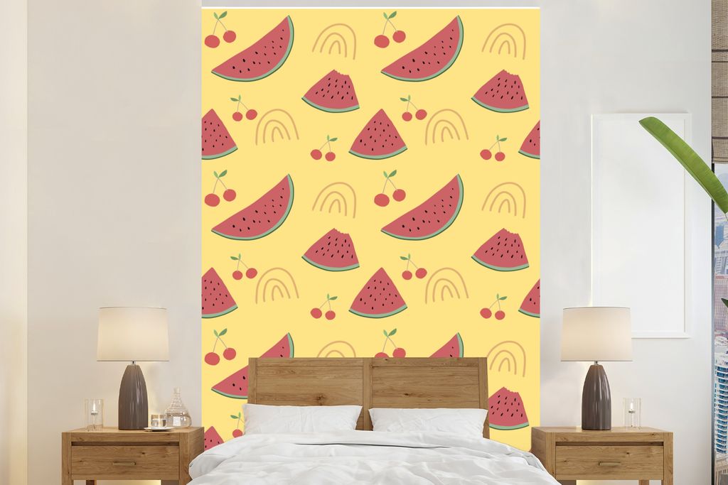 MuchoWow Fototapete für Wohnzimmer oder Schlafzimmer Wandtapete Vinyl Motivtapete Melone - Kirsche - Gelb - Muster - 200x300 cm - Wanddekorationen