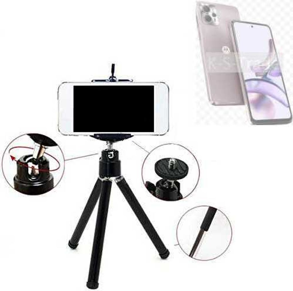 K-S-Trade Smartphone Stativ Dreibein kompatibel mit Motorola Moto G13 Tripod aus Aluminium Klemmstativ Stativ Adapter für Mobiltelefone schwarz 1x