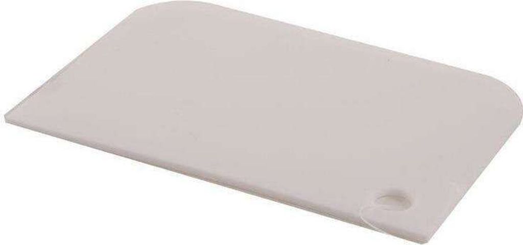 A white dough scraper on a white background.
