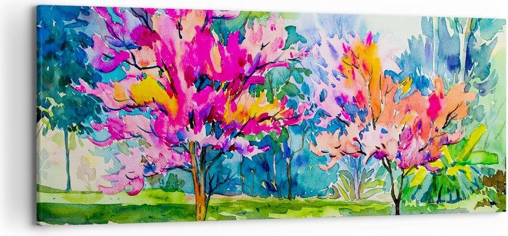 Bild auf Leinwand - Leinwandbild - Bäume Mehrfarbig Natur Frühling - 120x50cm - Wand Bild - Wanddeko - Leinwanddruck - Bilder - Kunstdruck - Lein...