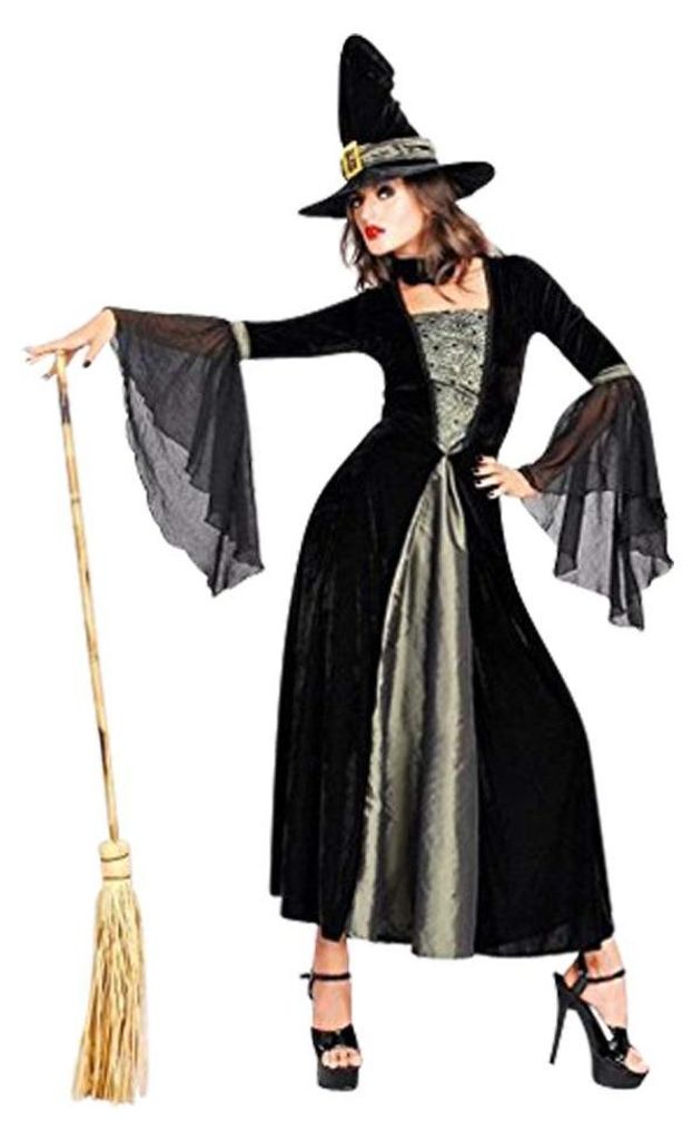Dames Halloweenkostuum met fluwelen jurk en hoed Productafbeelding 