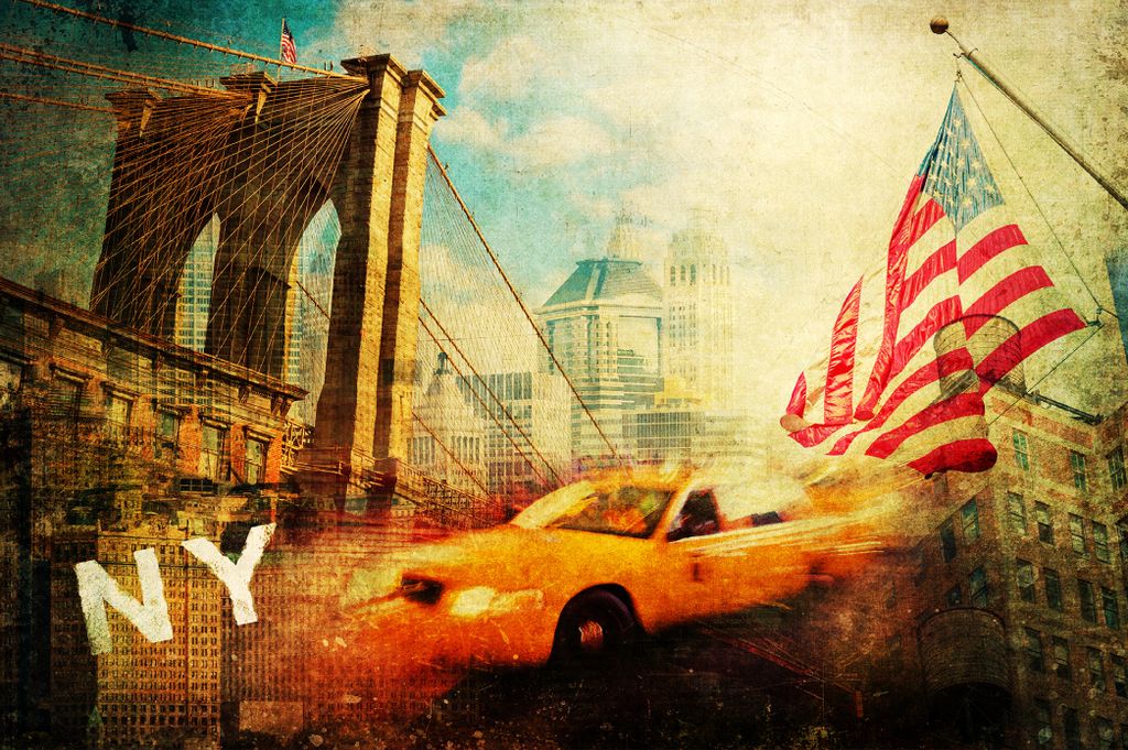 Muralo Fototapete Stadt NY 208 (B) x 146 (H) cm Vlies Tapete Wandtapete New York Taxi Auto Flagge Brücke Wohnzimmer Schlafzimmer moderne Wandbild ...