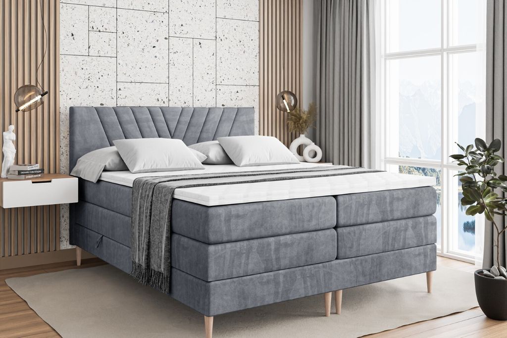 ALTDECOR Boxspringbett mit Holz Füßen, Matratze und Lattenrost, Topper, Polsterbett mit Bettkasten, Bett mit Stauraum H3- und H4- Matratze, Doppe...