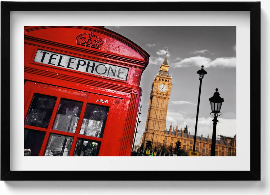 Telefonzelle und Big Ben - England– Wandbild mit Rahmen – Gerahmtes Bild – Wanddekoration – 60x40 cm – Schwarz Rahmen