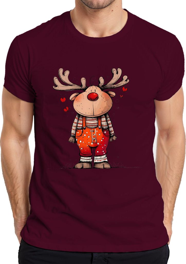 Rudolf Rentier Weihnachten Latzhose Herzen Niedlich Retro Herren T-Shirt, Burgundy, S