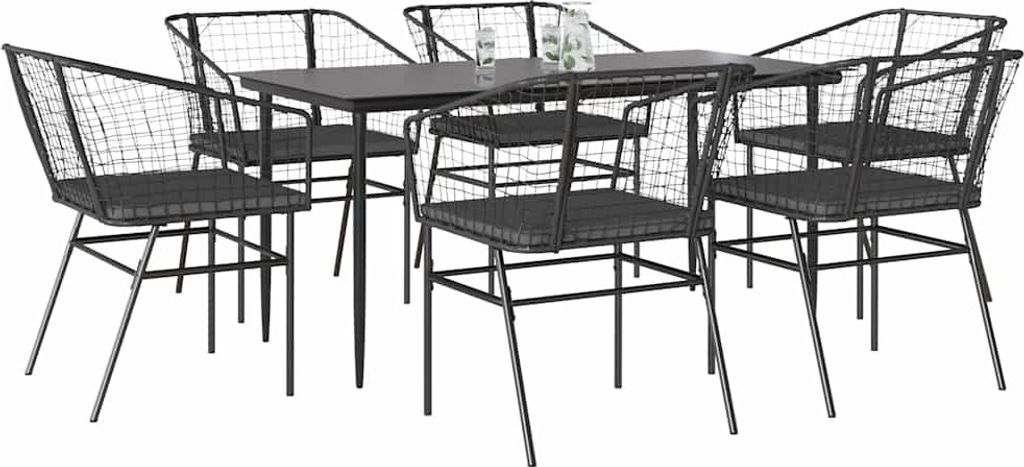 7-tlg. Garten-Essgruppe mit Kissen Schwarz Poly Rattan Glas