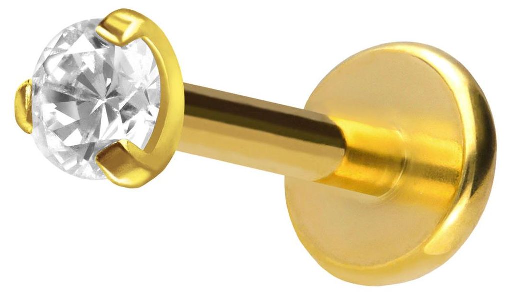 Ohrpiercing, Nasenpiercing Titan Labret mit Push Fit EINGEFASSTER KRISTALL Gold Stablänge: 9mm | Stabstärke: 1mm | Kristallgröße: 2mm