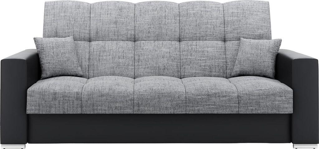 LIKMA Schlafsofa 3-Sitzer Evita Grau + Schwarz Kunstleder – Ausziehbare Couch 220×91×85 cm mit Bettfunktion, Bettkasten & 2 Kissen